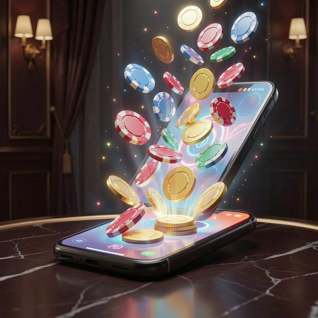 F633 online gaming app displayed on a glowing smartphone screen with casino chips and coins emerging, set against a luxury dark background with cinematic lighting in a high detail 3D render