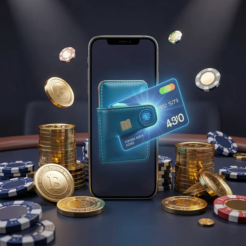 F633 deposit bonus concept featuring a smartphone wallet with a glowing payment card, surrounded by golden coins and poker chips in a modern mobile casino style