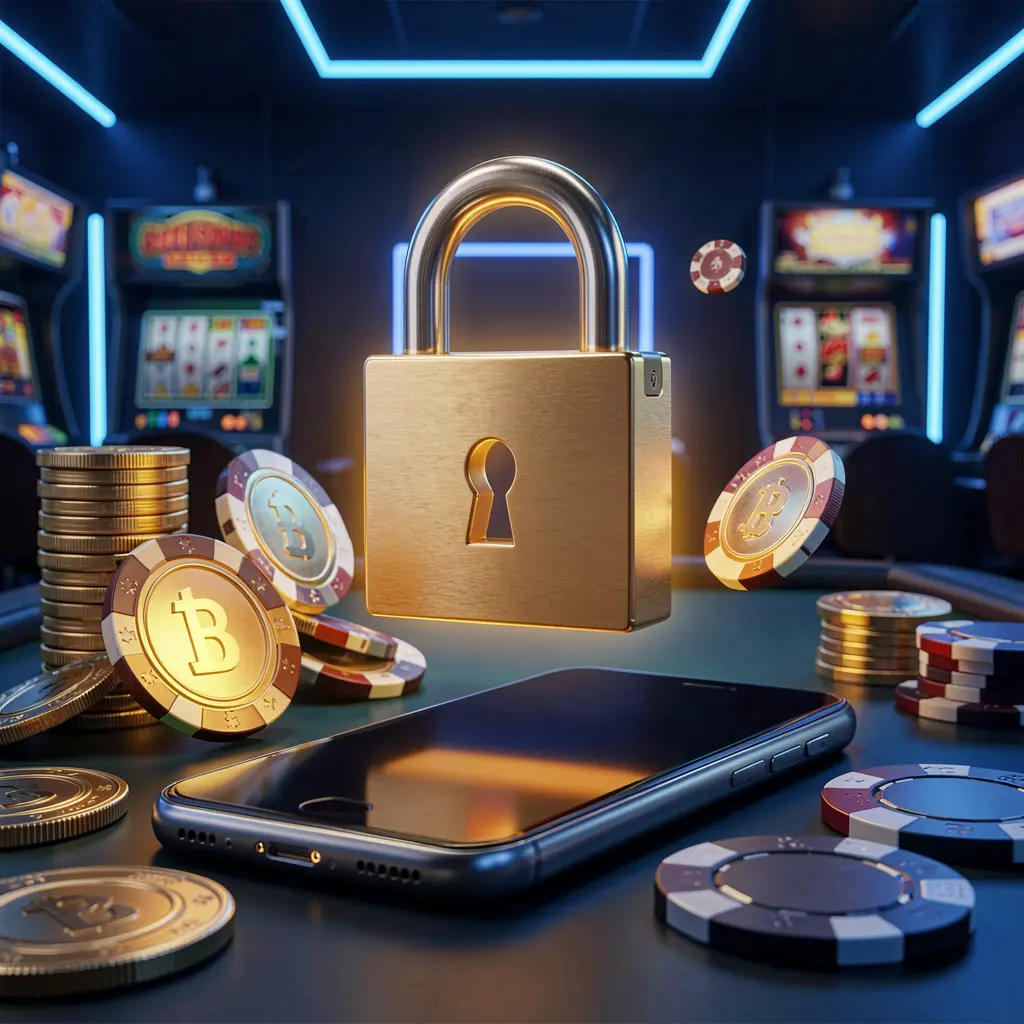 F633 casino login security image showing a glowing padlock floating above a smartphone with golden coins and chips scattered around on a dark blue neon background