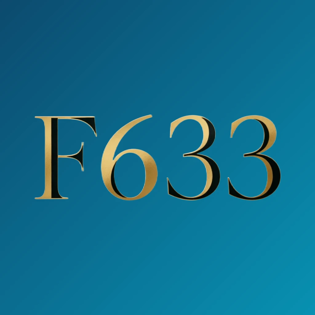 Luxury horizontal rectangular wordmark logo for F633 featuring elegant gold serif typography on a black transparent background with minimal ornament details