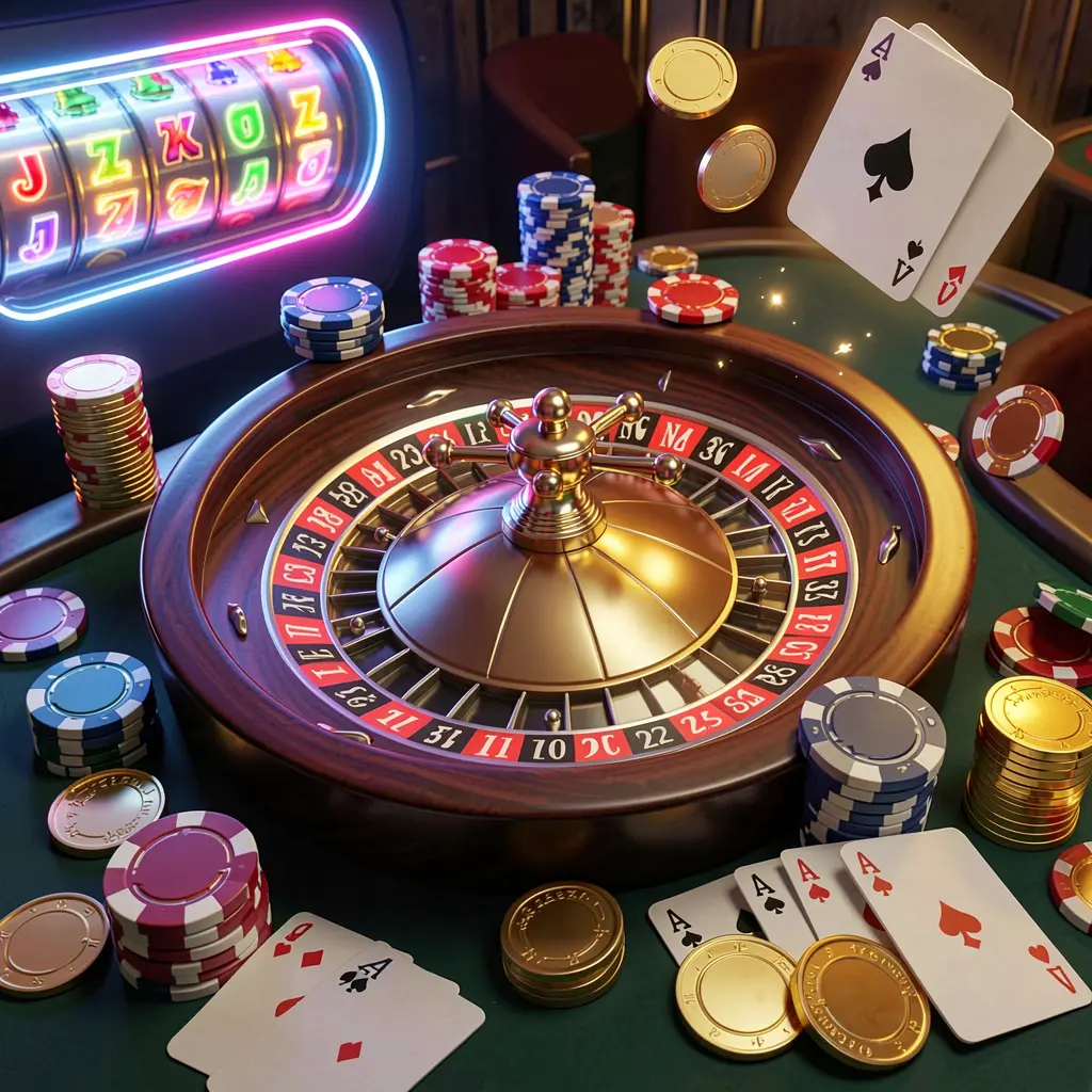 F633 casino homepage visual featuring a realistic 3D render of a roulette wheel, poker chips, cards, golden coins, and jackpot lights with bright neon glow in a dynamic composition
